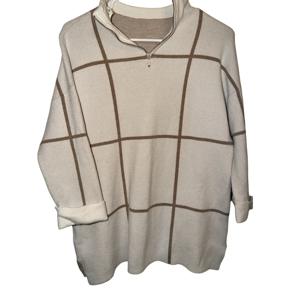 Christian Siriano New‎ York Womens M Quarter Zip Sweater Cream Tan Windowpane